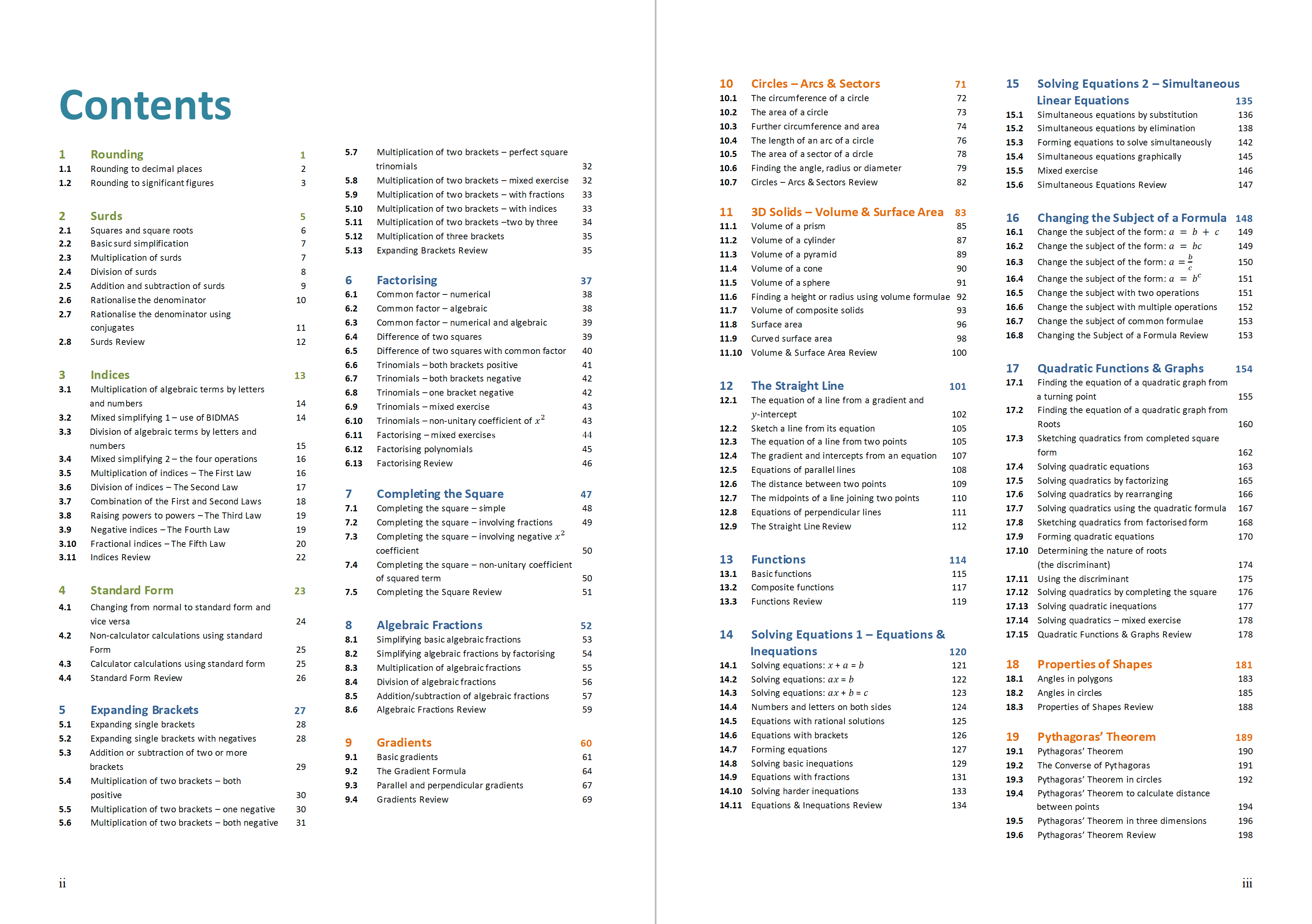 Table of contents page from Zeta Maths National 5+ Mathematics Student Book displaying the full list of SQA course topics and chapters.
