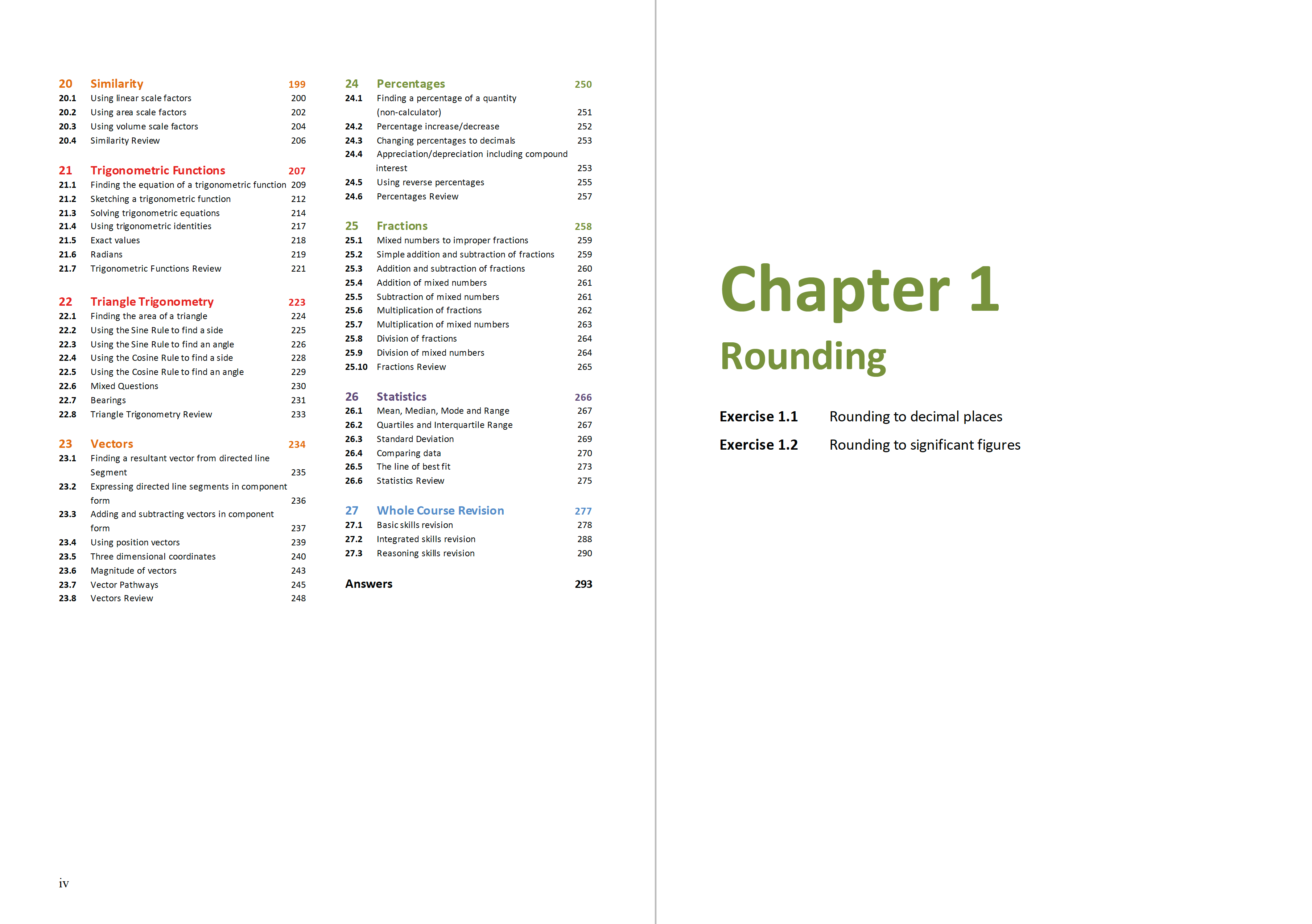 Table of contents page from Zeta Maths National 5+ Mathematics Student Book displaying the full list of SQA course topics and chapters.