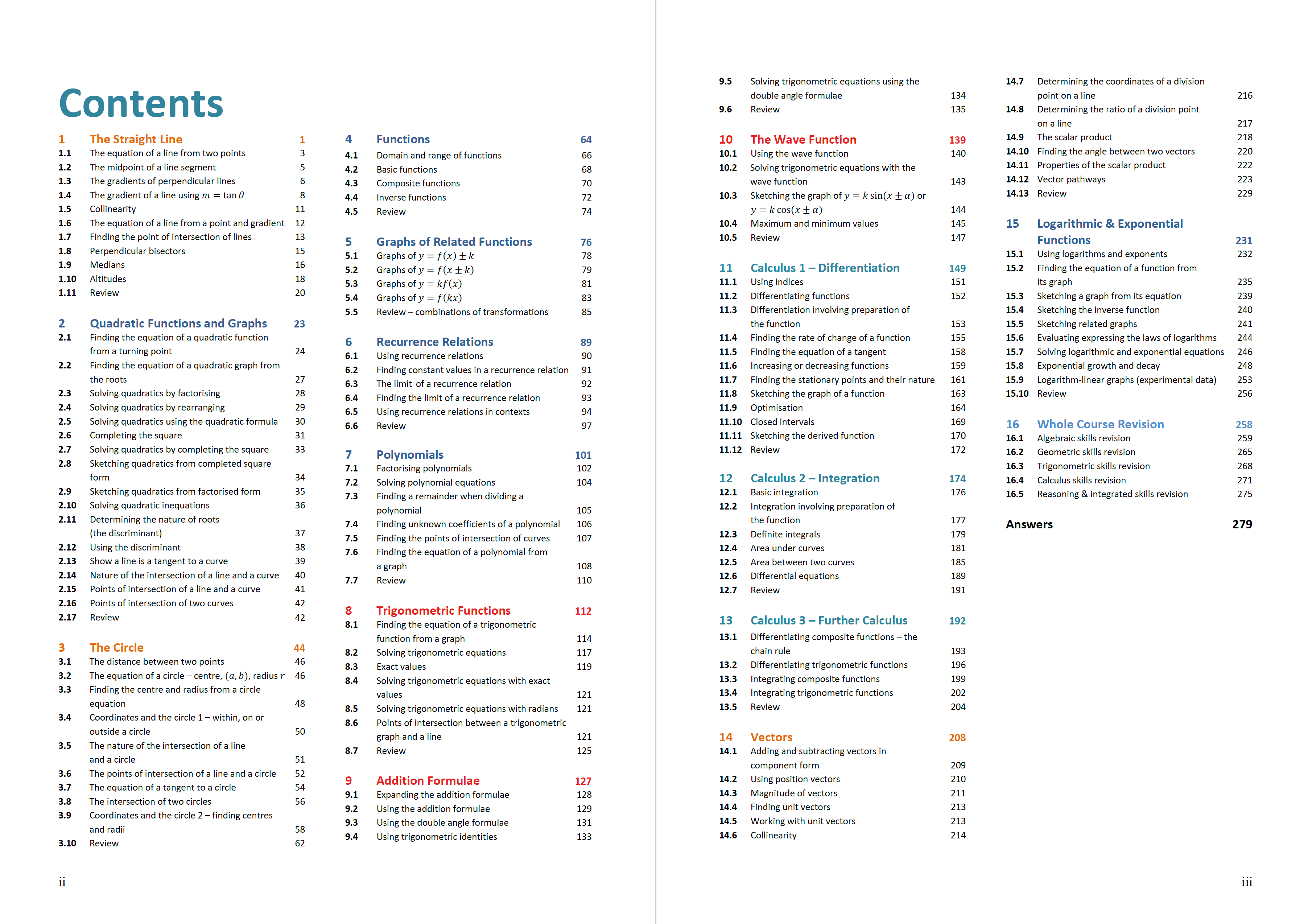 Table of contents page from Zeta Maths Higher Mathematics Student Book displaying the full list of SQA course topics and chapters.