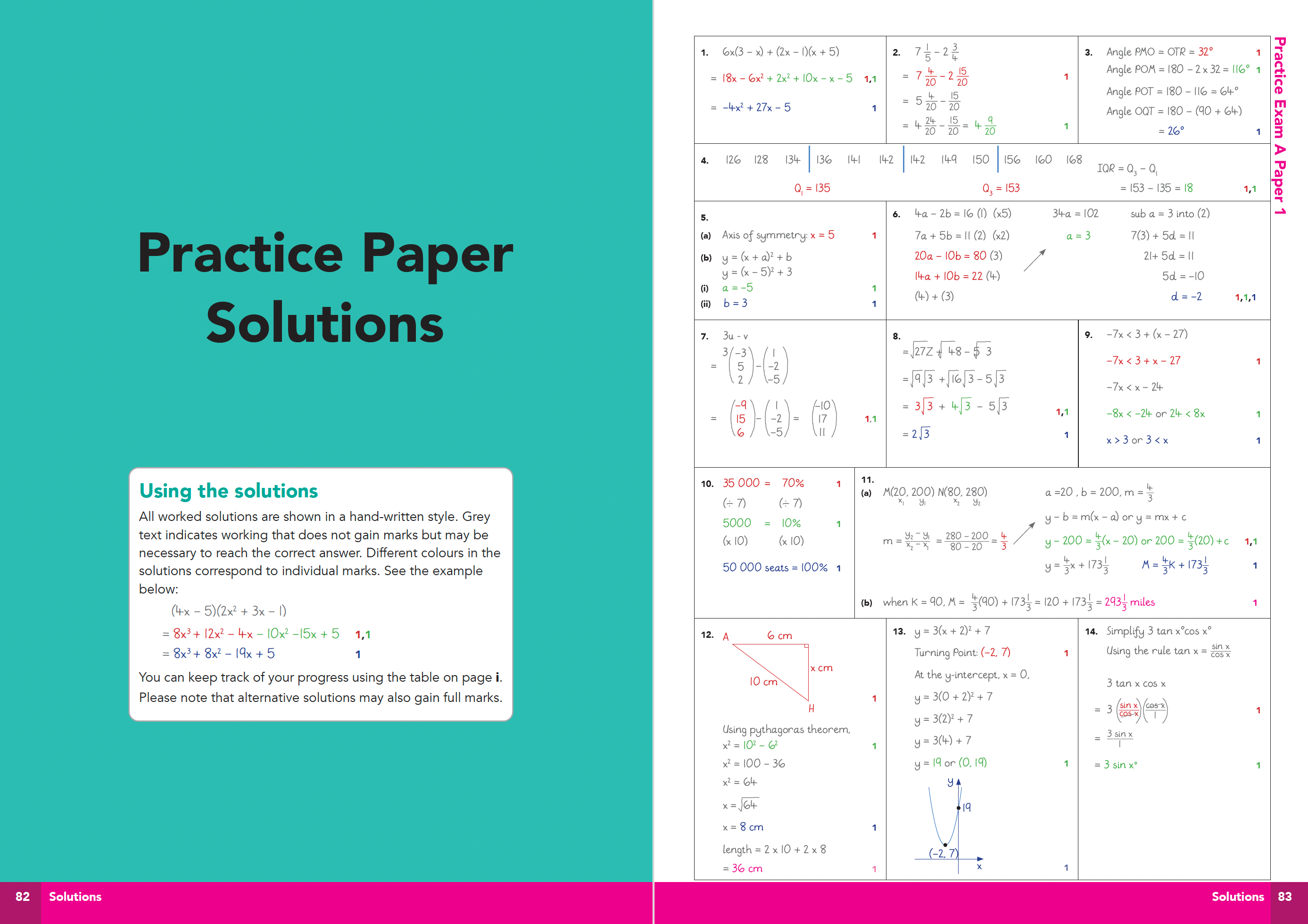 Practice Paper Solutions with mathematical equations and text on a teal and pink background